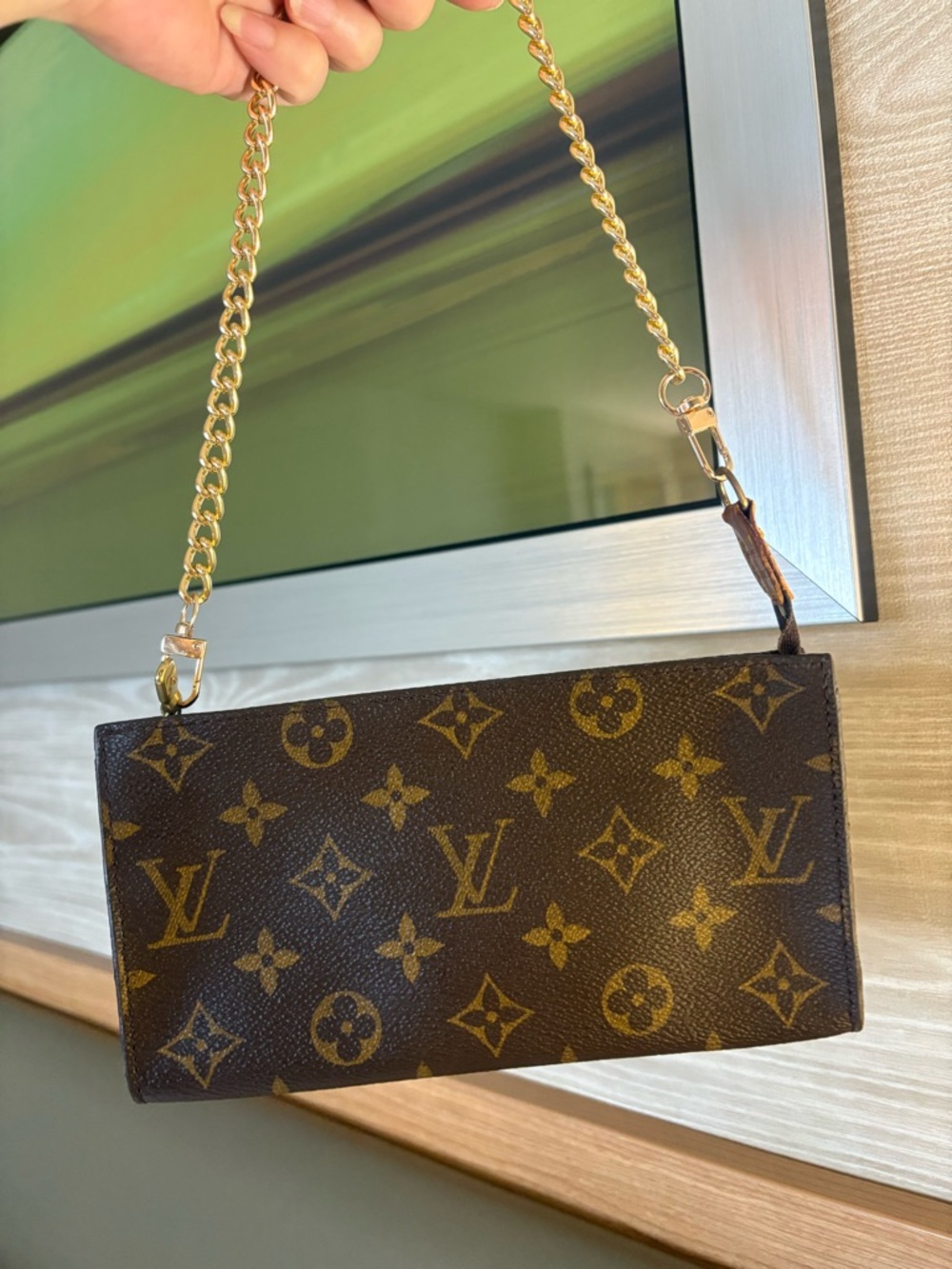 Auth Louis Vuitton Pochette Accessory Pouch GM Monogram Brown Leather